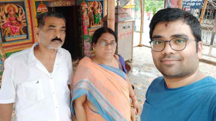 With his son